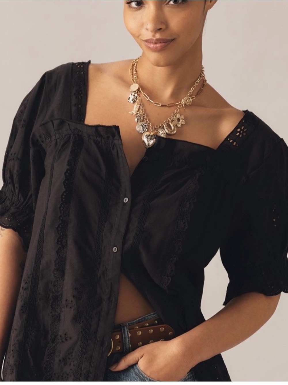 Anthropologie Puff Sleeve Eyelet Top
